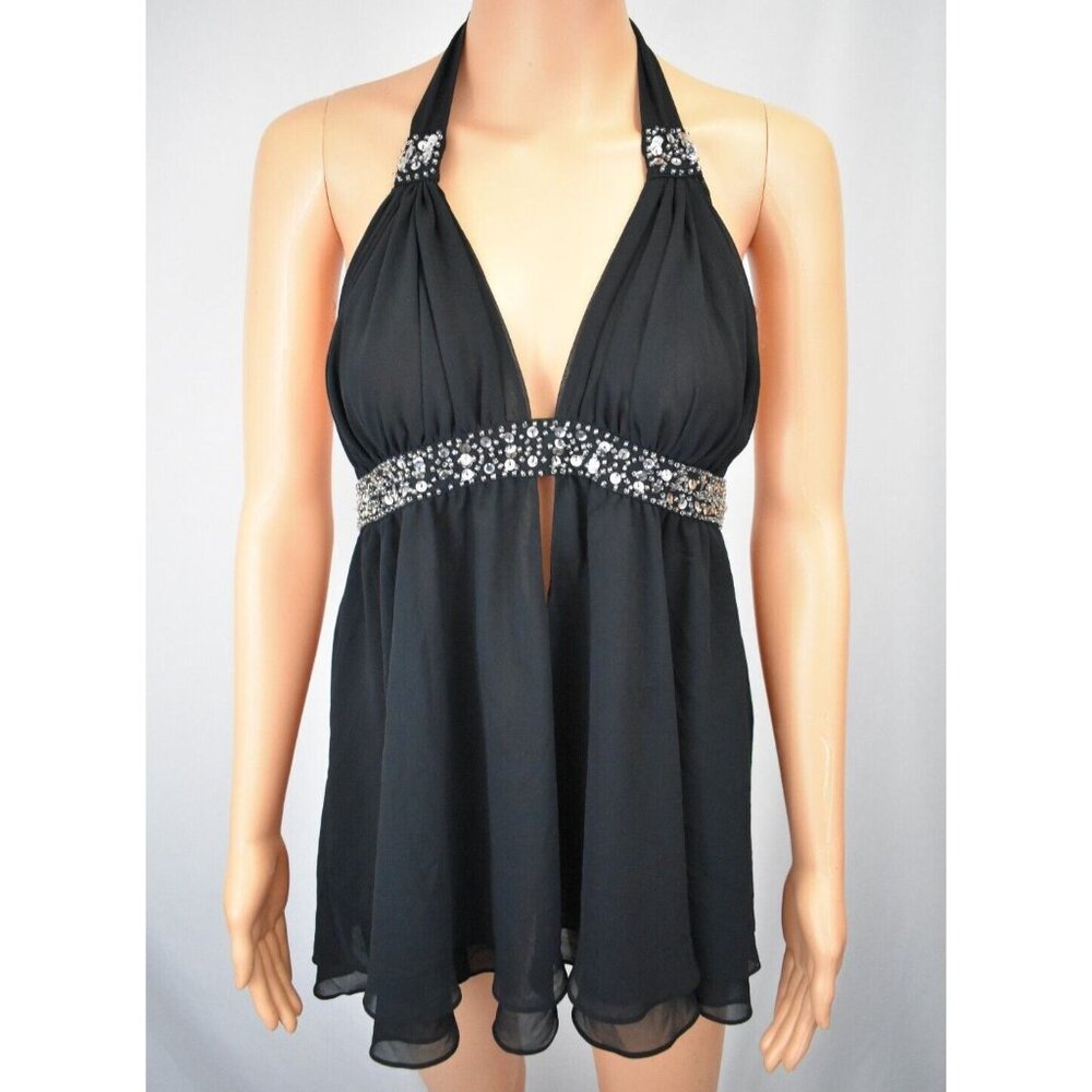 Vintage Y2K Victorias Secret Sequin Babydoll Halter Top Size L Beaded Silk Fairy
